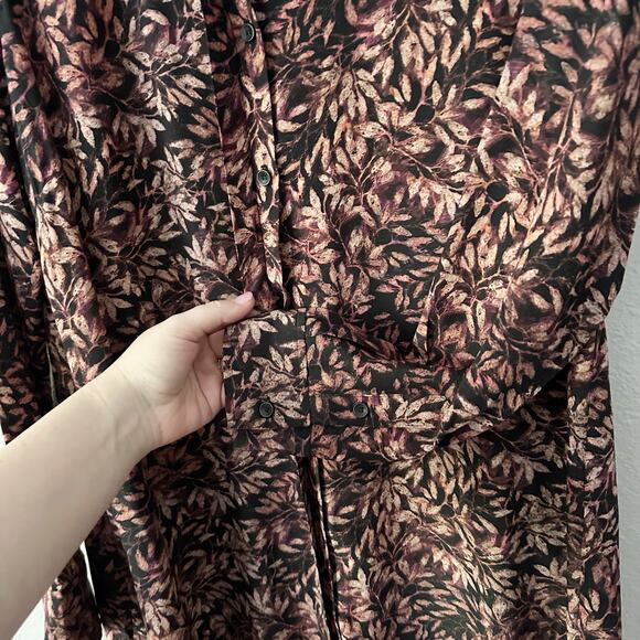 Peruvian Connection 100% Silk Leaf Print Long Sleeve Collared Tunic Size Large - Picture 4 of 13